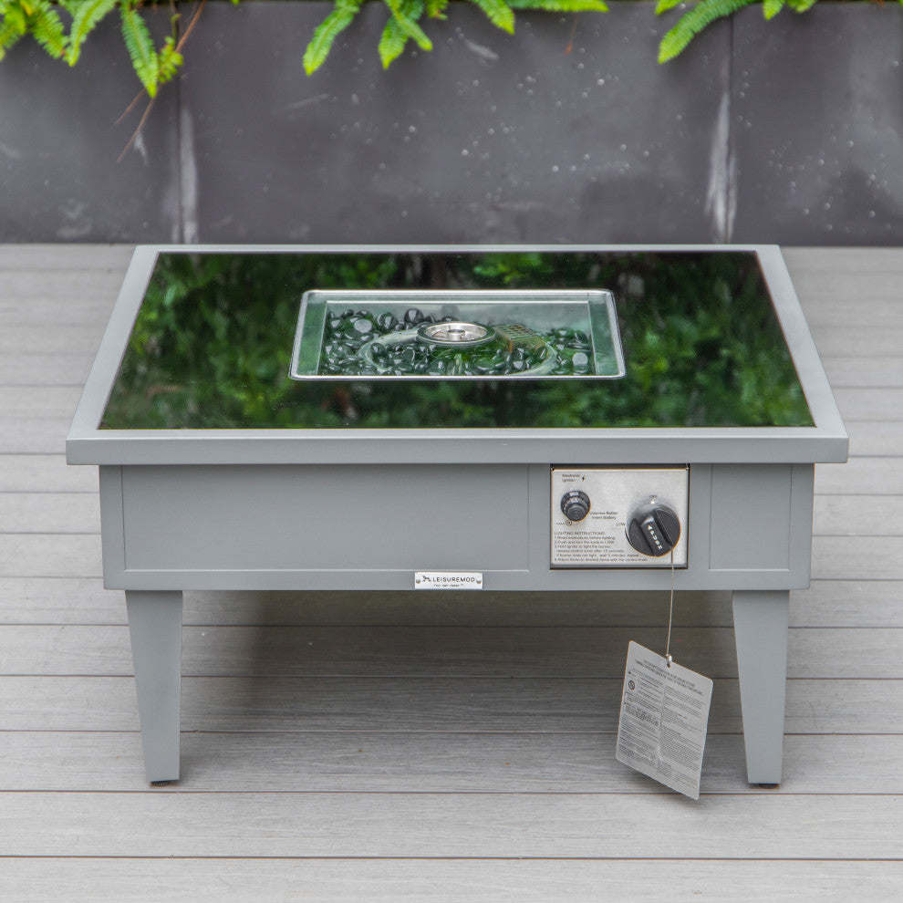 LeisureMod Walbrooke Grey Patio Sofa Set With Square Fire Pit Table, Grey