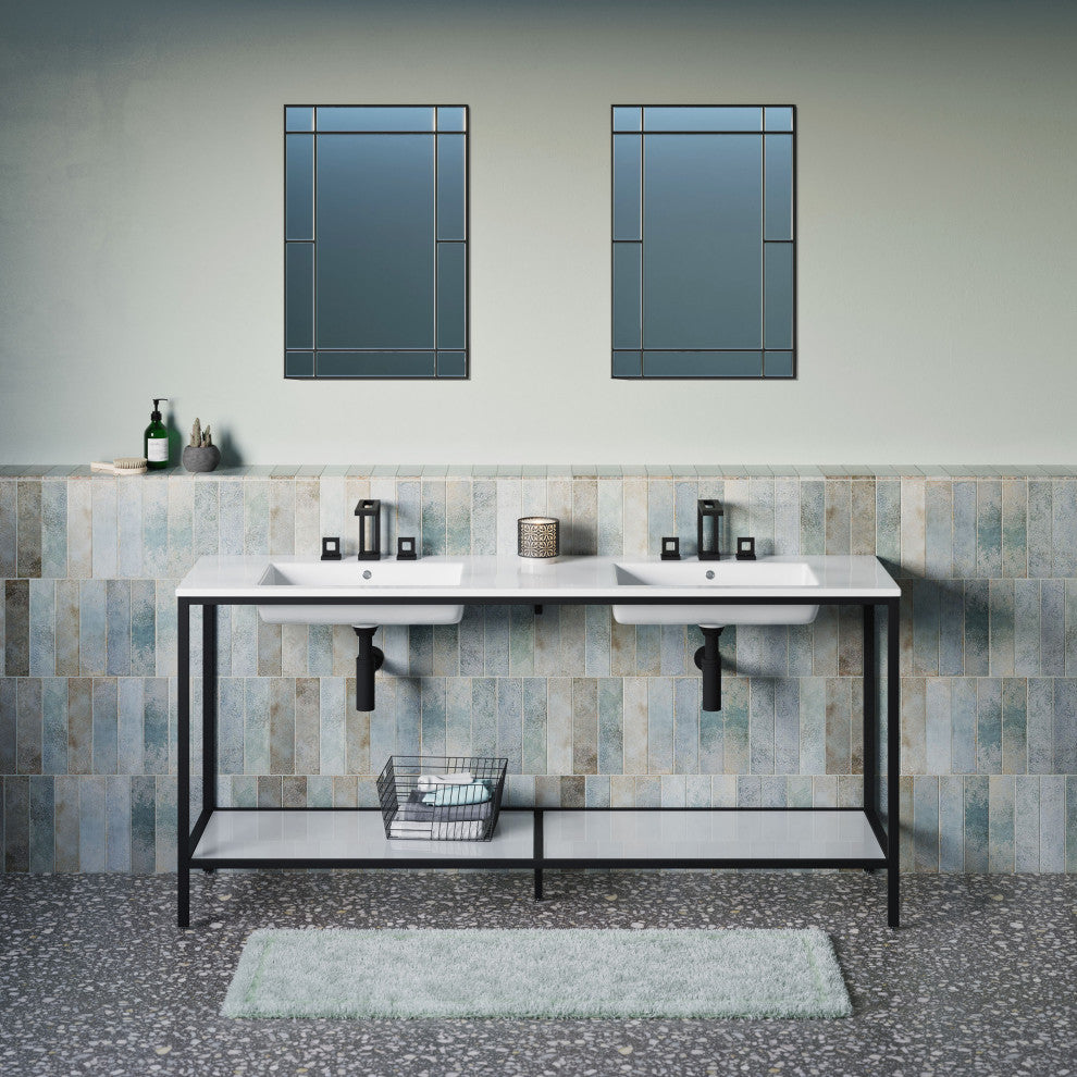 Pierre 72 Double, Freestanding, Open Shelf, Black Metal Frame Bathroom Vanity