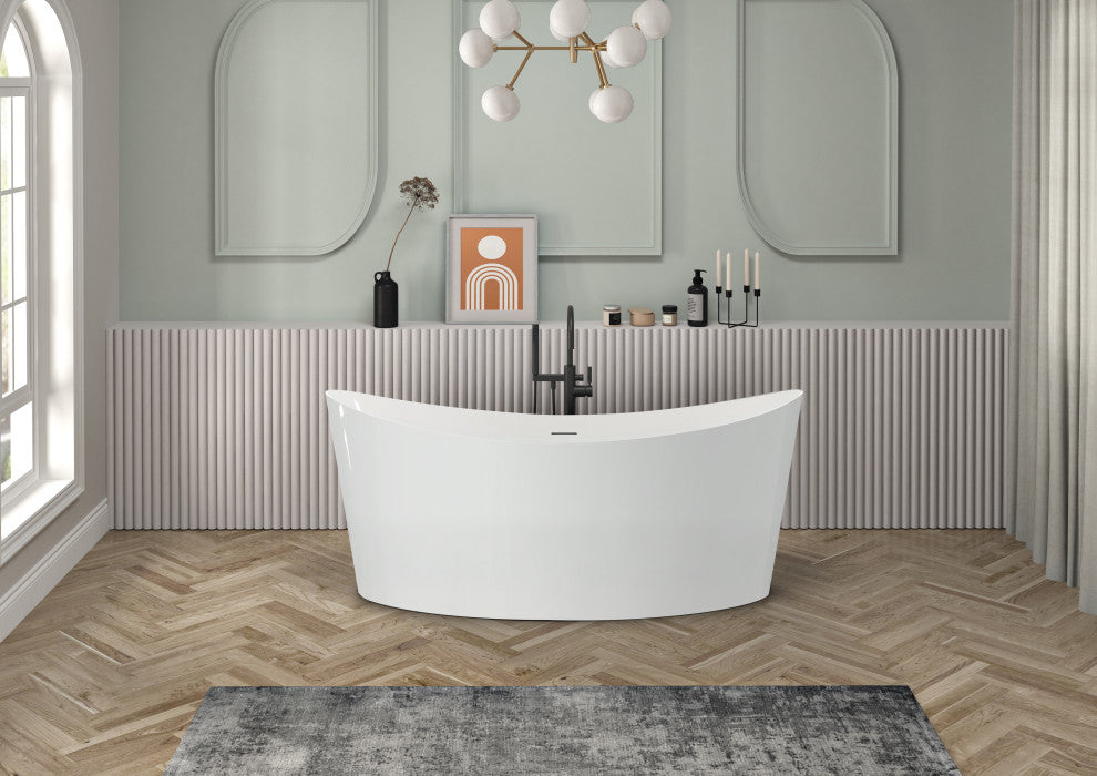 HEATGENE Acrylic Freestanding Bathtub Oval Modern Bathtub, White