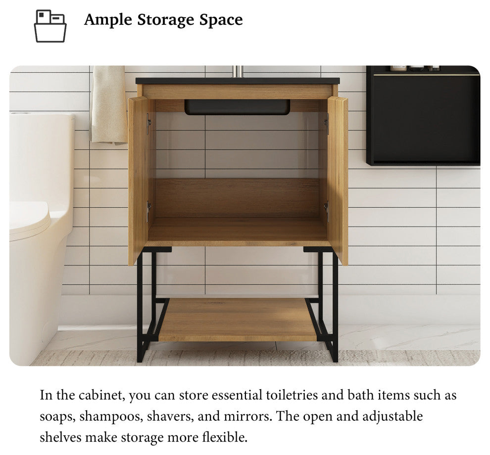 24" Freestanding Bath Vanity, Black Quartz Top, Oak