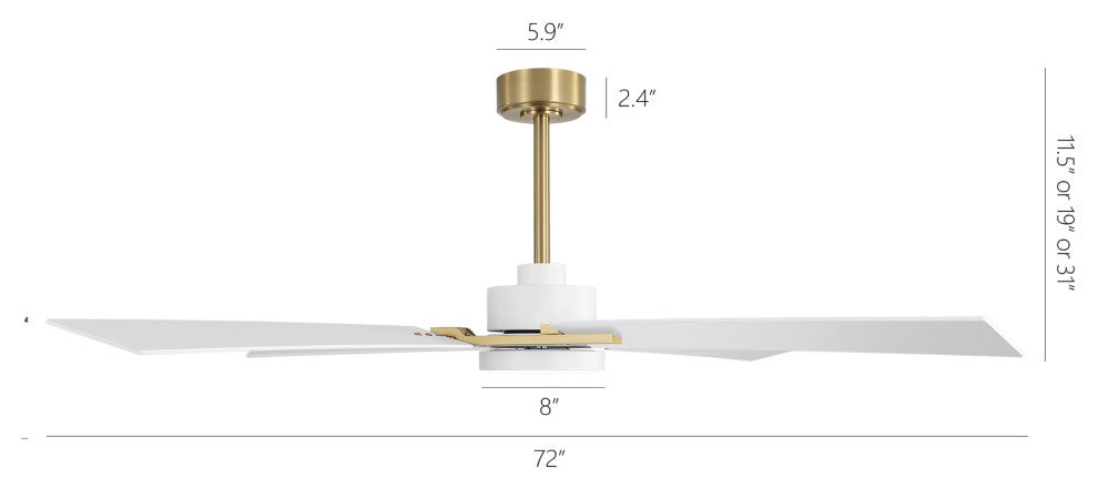 72" 4-Blade DC Motor Ceiling Fan with Dimmable LED and Remote Control, Gold/White