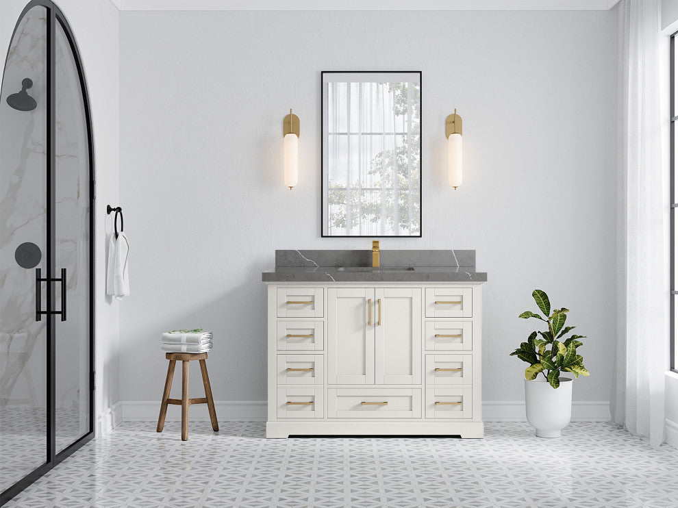 Boston 48" Single Sink Bath Vanity in Alabaster 2" Piatra Gray