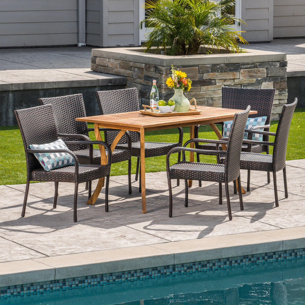 GDF Studio 7-Piece Yolanda Outdoor Acacia Wood/Wicker Dining Set