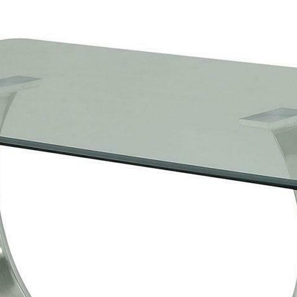 Benzara BM209533 Metal & Glass Dining Table With U Shape Base, Chrome & Black