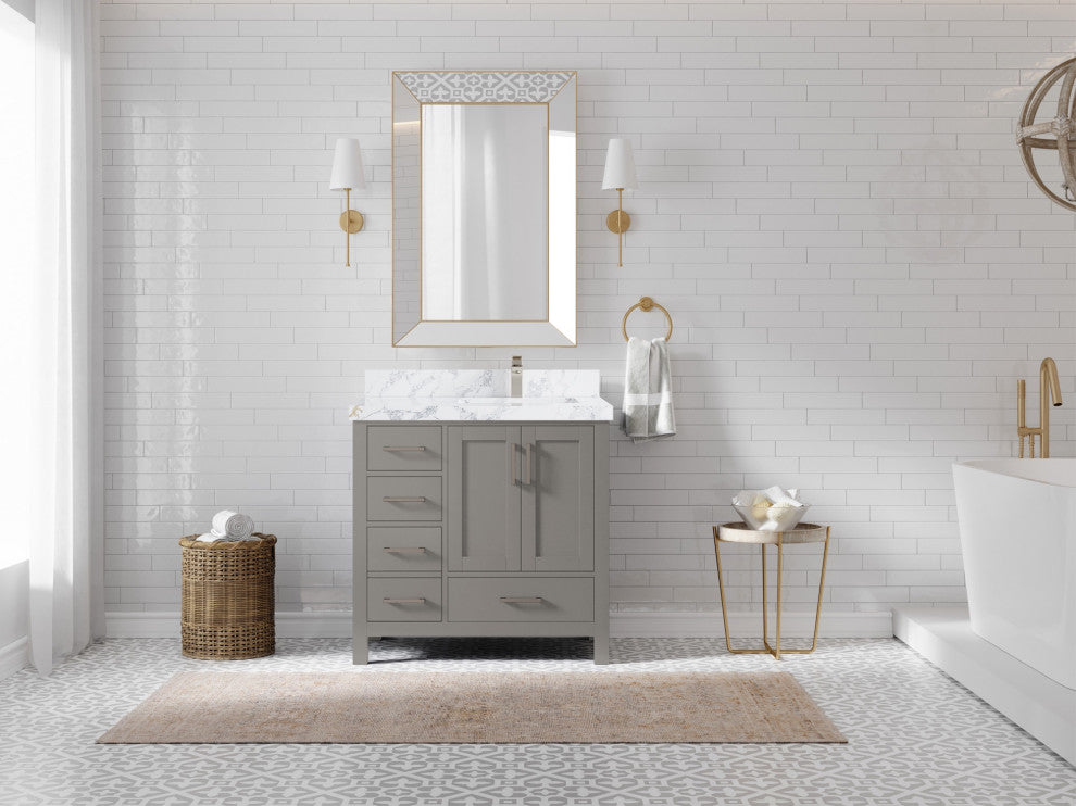 Malibu 36 Right Offset Bath Vanity in Elephant Skin Gray 2" Calacatta Poanazzo