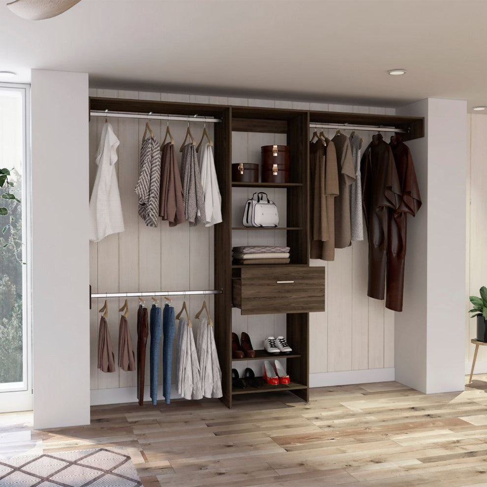 Cross 250 Closet System with Drawer, 3 Metal Rod, and 5 Open Shelves, Dark Waln