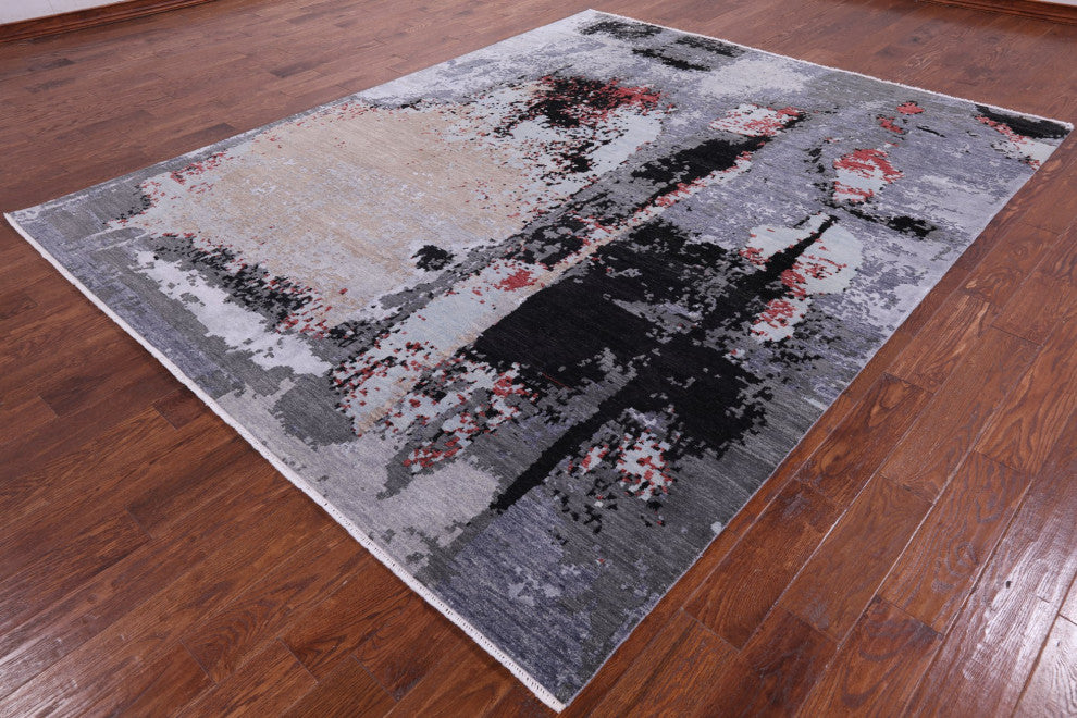 8' 1" X 10' 1" Abstract Wool and Silk Hand Knotted Rug- Q6572