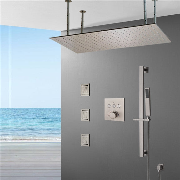 Monreale 20"x40" Brushed Nickel Rainfall Shower System and 3 Body Jets, Non Led