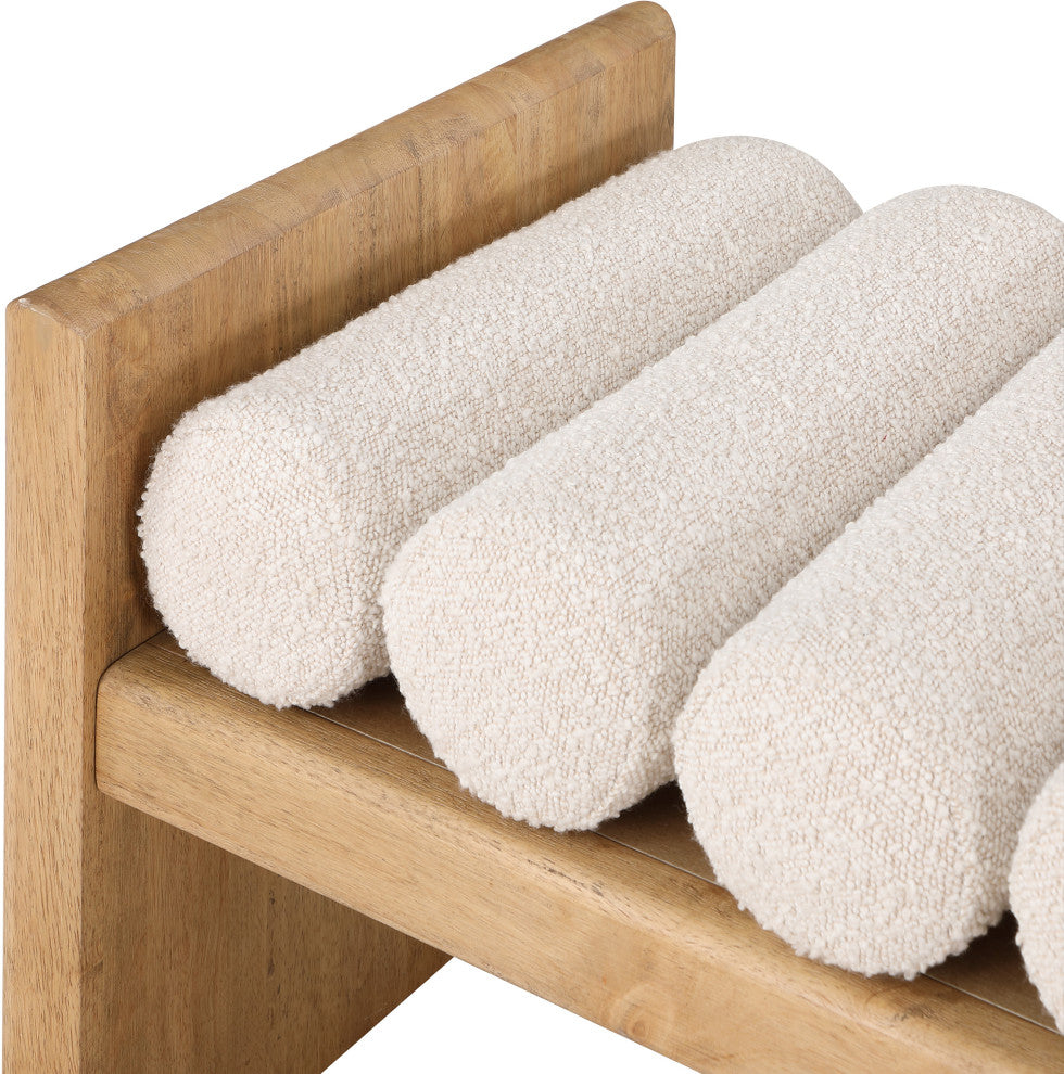 Waverly Boucle Fabric Upholstered Bench, Cream, 32" Wide, Natural Finish