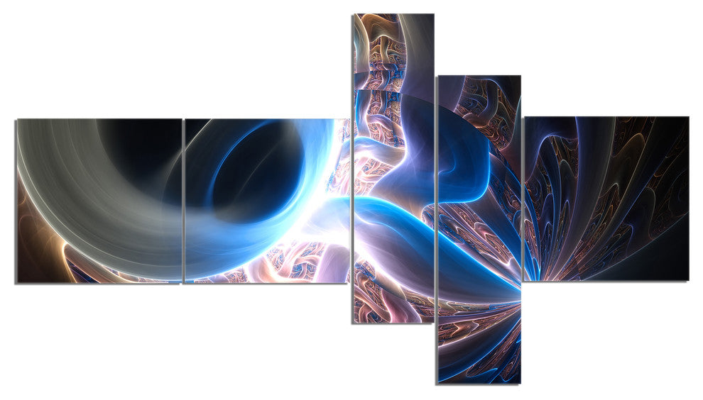 Glowing Blue Silver Plasma, Abstract Wall Art Canvas, 60"x32", 5 panels