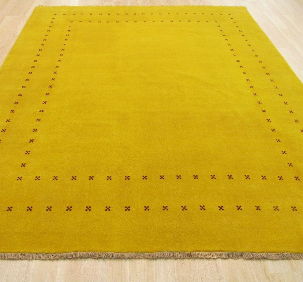 EORC Handmade Wool Yellow Traditional Solid Lori Baft Rug, Rectangular 6'x9'