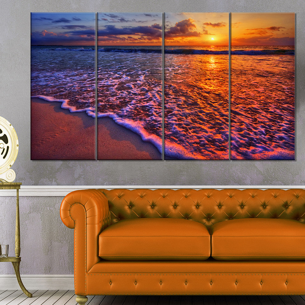 Colorful Sunset and Wavy Waters, Seashore Canvas Art Print, 48"x28", 4 Panels