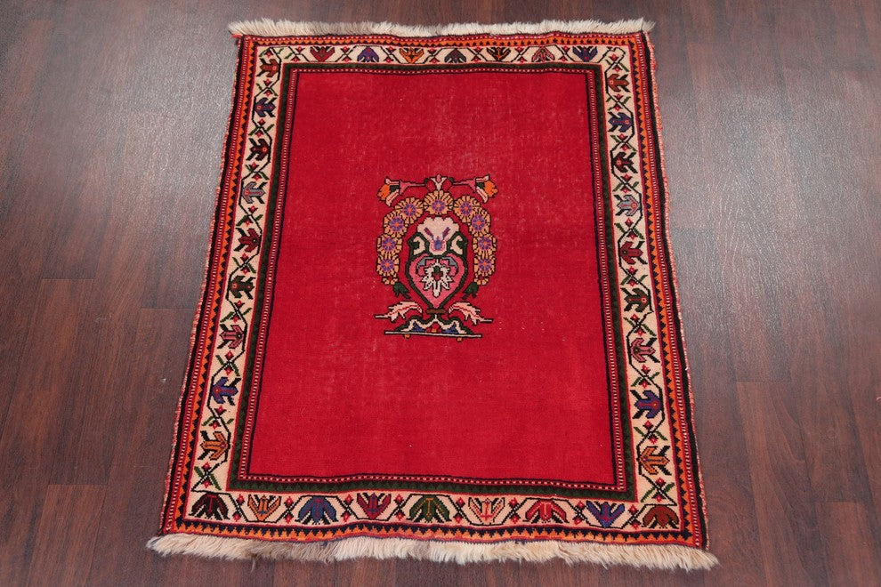 Consigned, Worn Oriental Shiraz Hand-Knotted Persian Vintage Rug, Red, 4'6"X3'8"