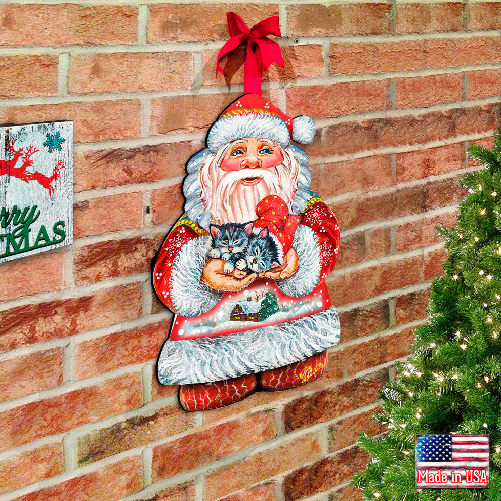Kitten Holiday Santa, Wooden Decorative Door Hanger