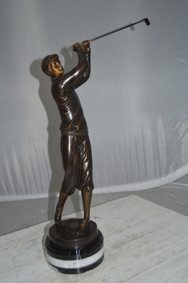 Golfer on Marble Bronze Statue -  Size: 8"L x 8"W x 22"H.