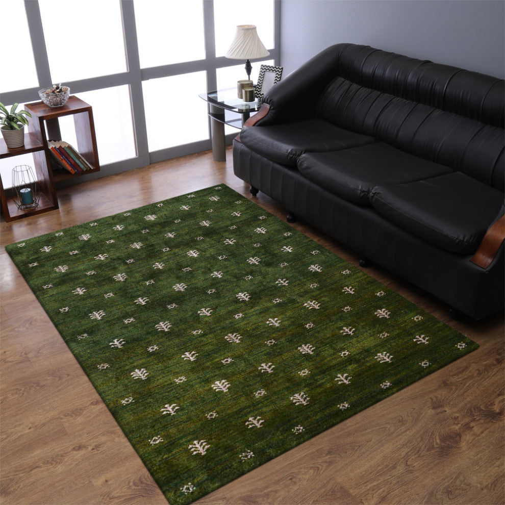 HAND KNOTTED LOOM SILK ECO-FRIENDLY RUG-10'x13',Rectangle,Green White,Contempora