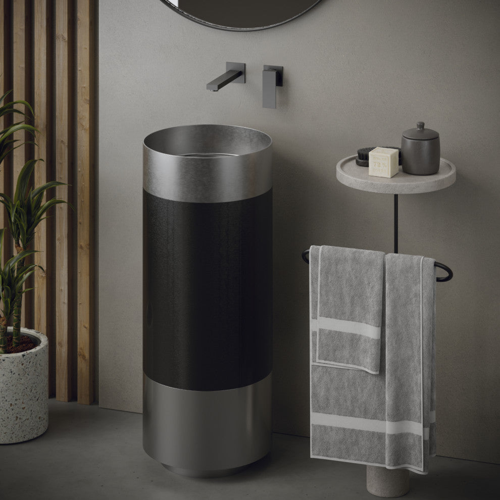 Karran Cinox Stainless Steel Round Pedestal Sink, Stainless Steel and Gunmetal Grey