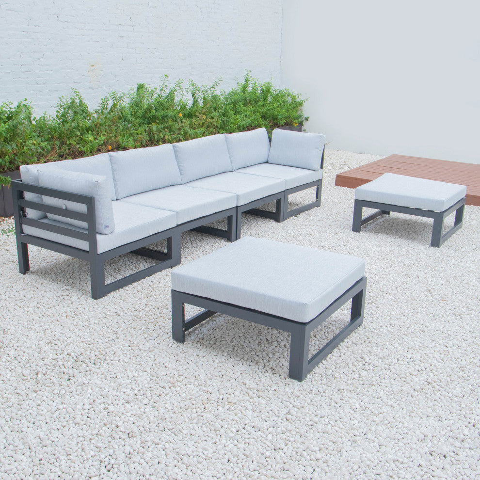 LeisureMod Chelsea 6-Piece Patio Ottoman Sectional Black Aluminum, Light Gray