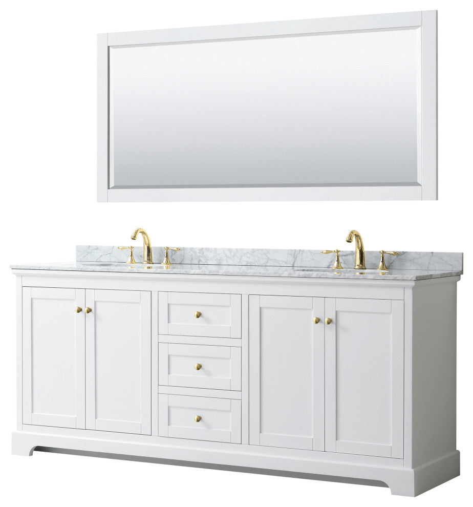 80"DBL Bath Vanity White, Carrara Countertop, Sinks, 70" Mirror, Gold Trim