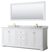80"DBL Bath Vanity White, Carrara Countertop, Sinks, 70" Mirror, Gold Trim