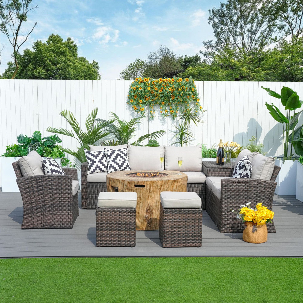 7-piece Patio Wicker Garden Chat Sofa Set with Fire pit and Storage Box, Round