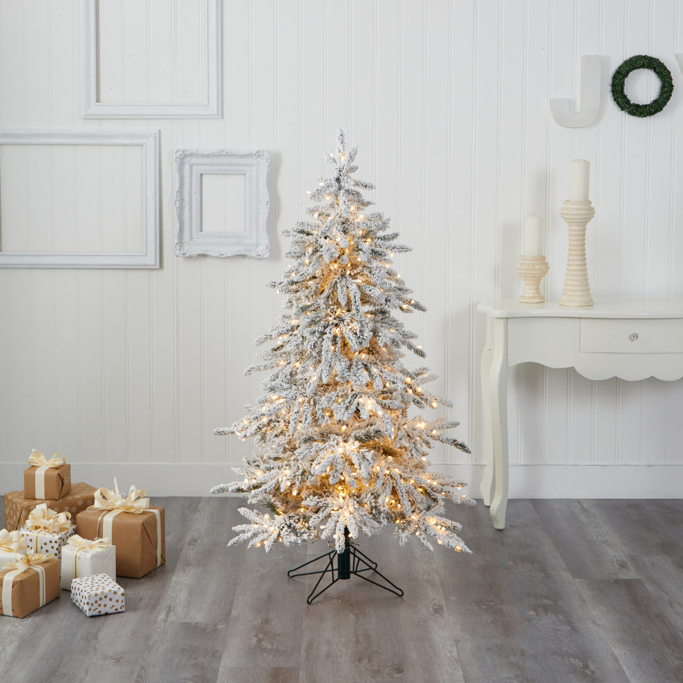 5' Flocked Grand Northern Rocky Fir Faux Xmas Tree W/ Micro & Bendable Branches