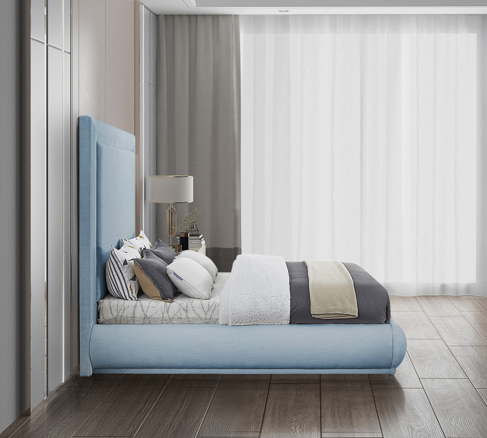 Brooke Linen Textured Fabric Upholstered Bed, Sky Blue, Queen