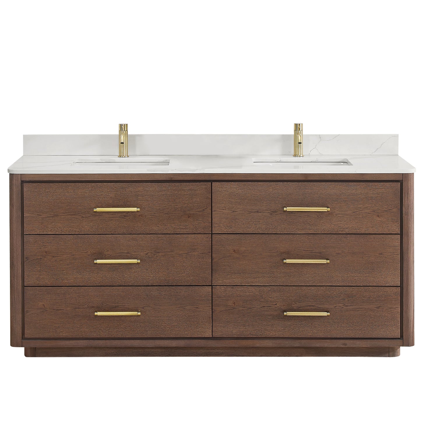 Porto Bath Vanity with White Quartz Stone Top, Dark Brown Oak, 72 in., No Mirror