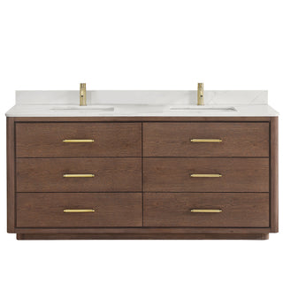 Porto Bath Vanity with White Quartz Stone Top, Dark Brown Oak, 72 in., No Mirror