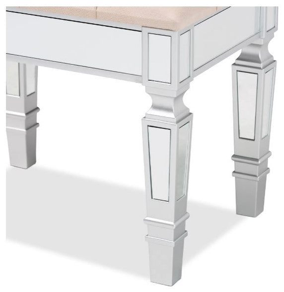 Modern Glam and Luxe Beige Fabric Upholestred Silver Finished Wood Ottoman
