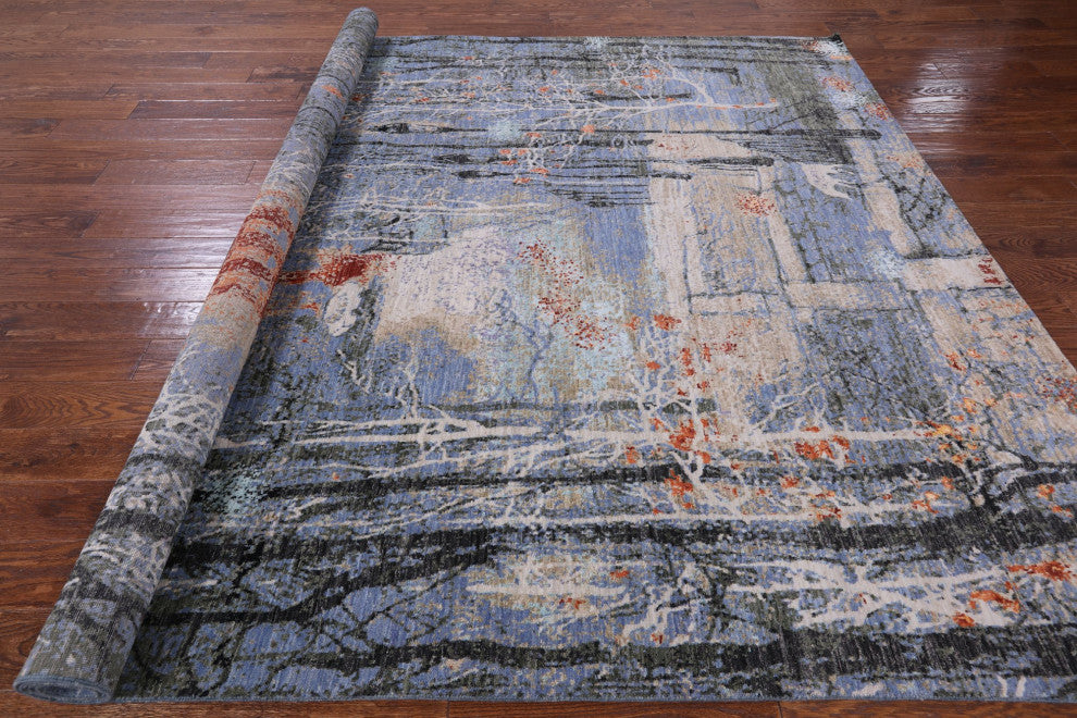 8' 0" X 9' 11" Modern Urban Design Wool and Silk Hand Knotted Rug Q7181