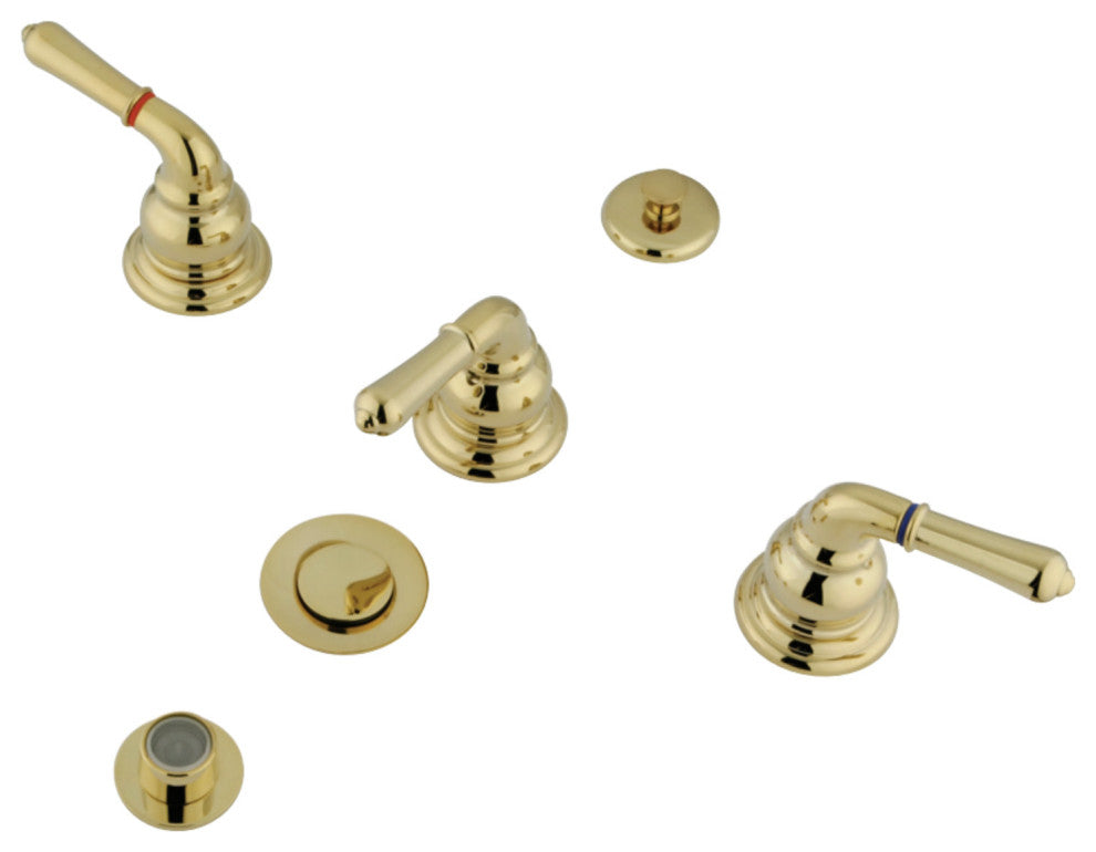 Kingston Brass Three-Handle Bidet Faucet With Pop-Up, Polished Brass