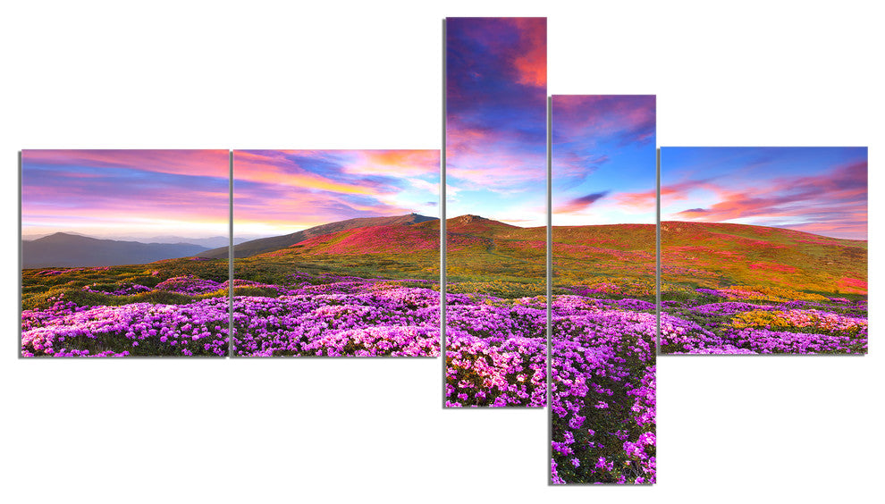 Magic Pink Rhododendron Flowers, Landscape Canvas Print, 60"x32", 5 panels