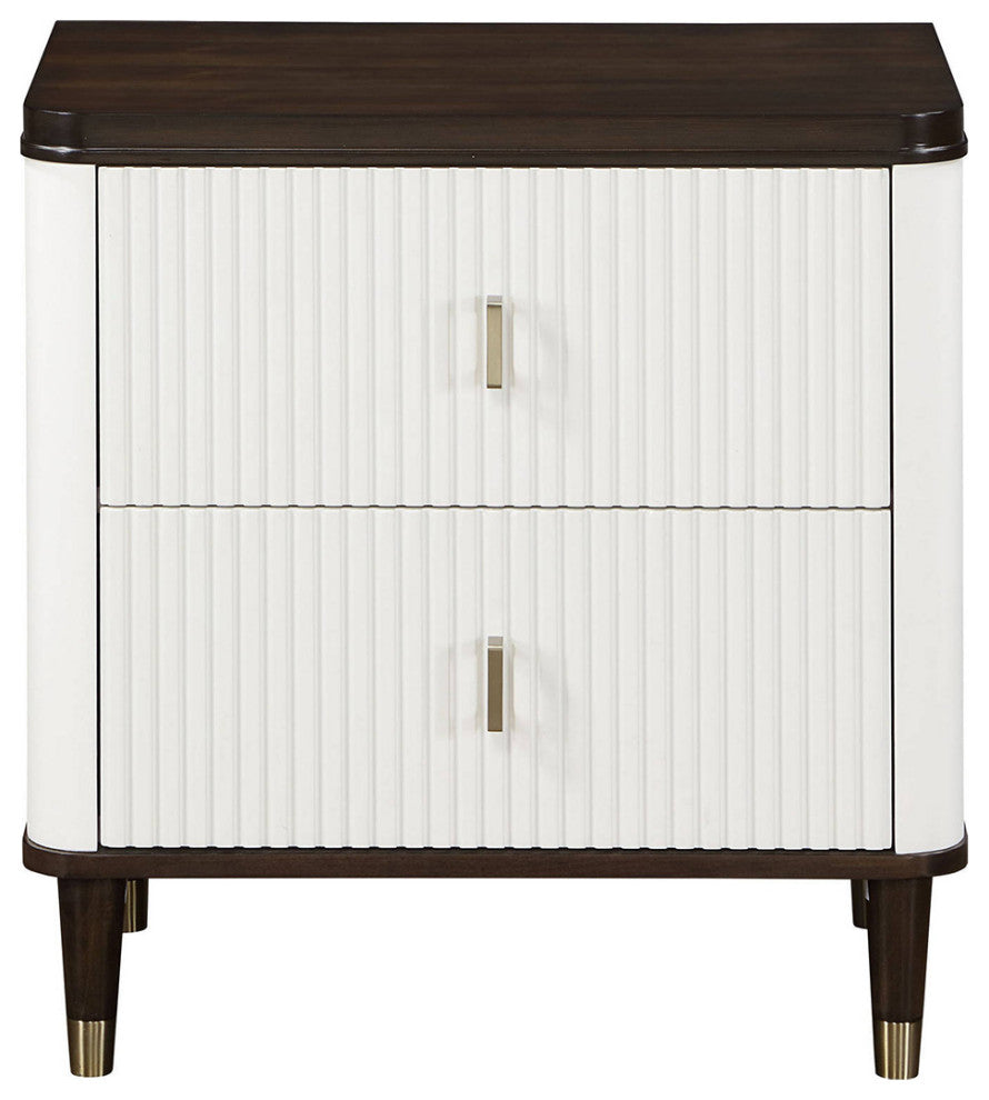 2-Drawers Wooden Nightstand With Metal Handle, White and Brown