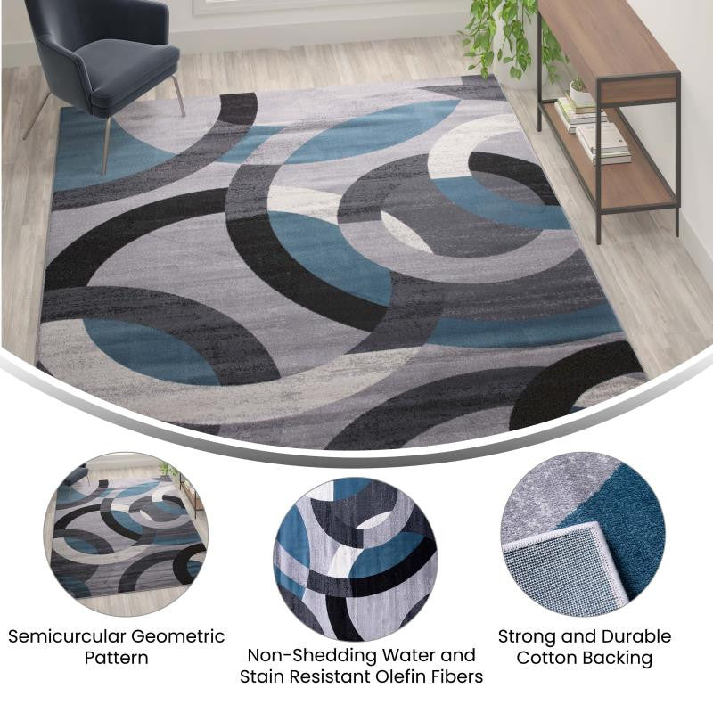 Harken Collection Geometric Olefin Area Rug with Jute Backing, Blue, 8' X 10'