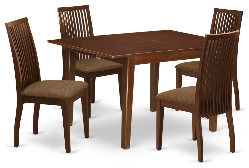 5Pc Dining Set, Rectangle Table, Four Linen Seat Chairs, Mahogany