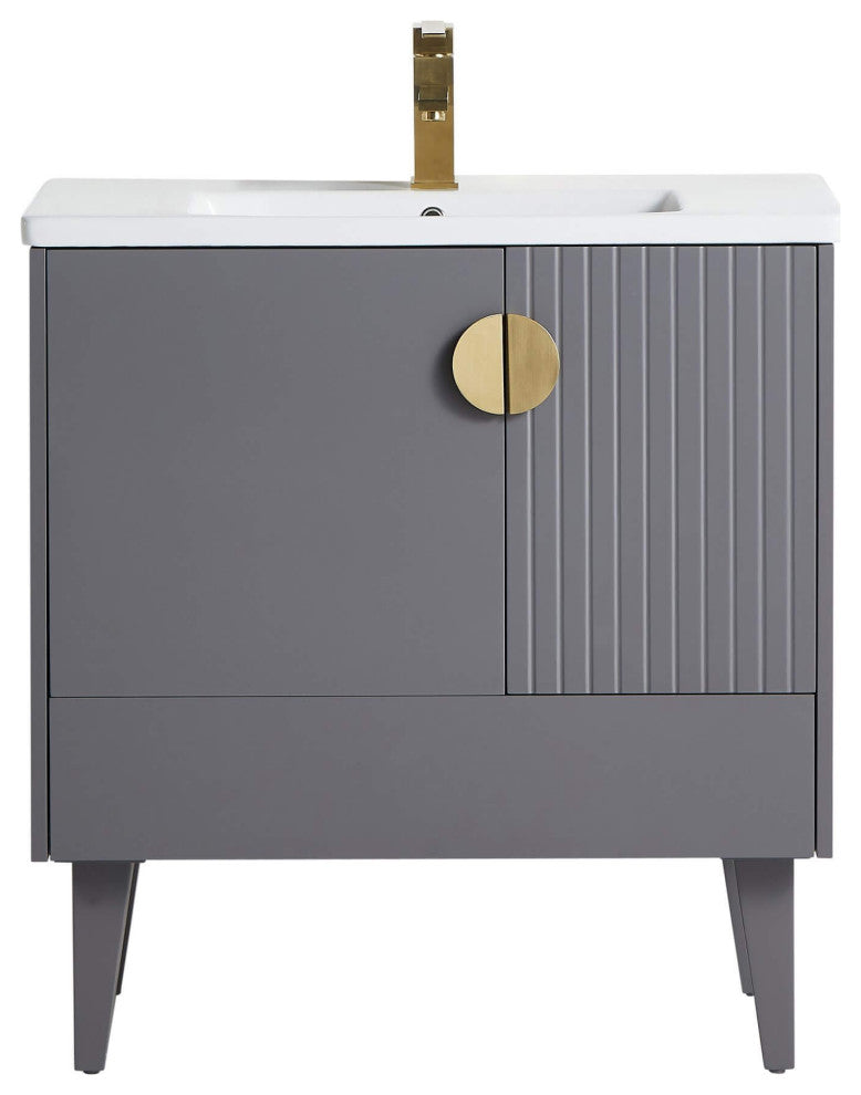 Venezian Single Bathroom Vanity, Rock Gray, 30", Satin Brass Handles, One Sink