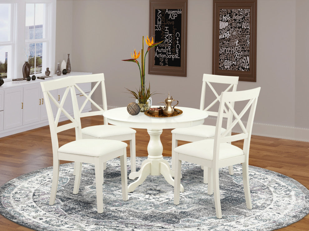 5 Pc Kitchen Set, Linen White Wooden Table, 4 Linen White Faux Leather Chairs
