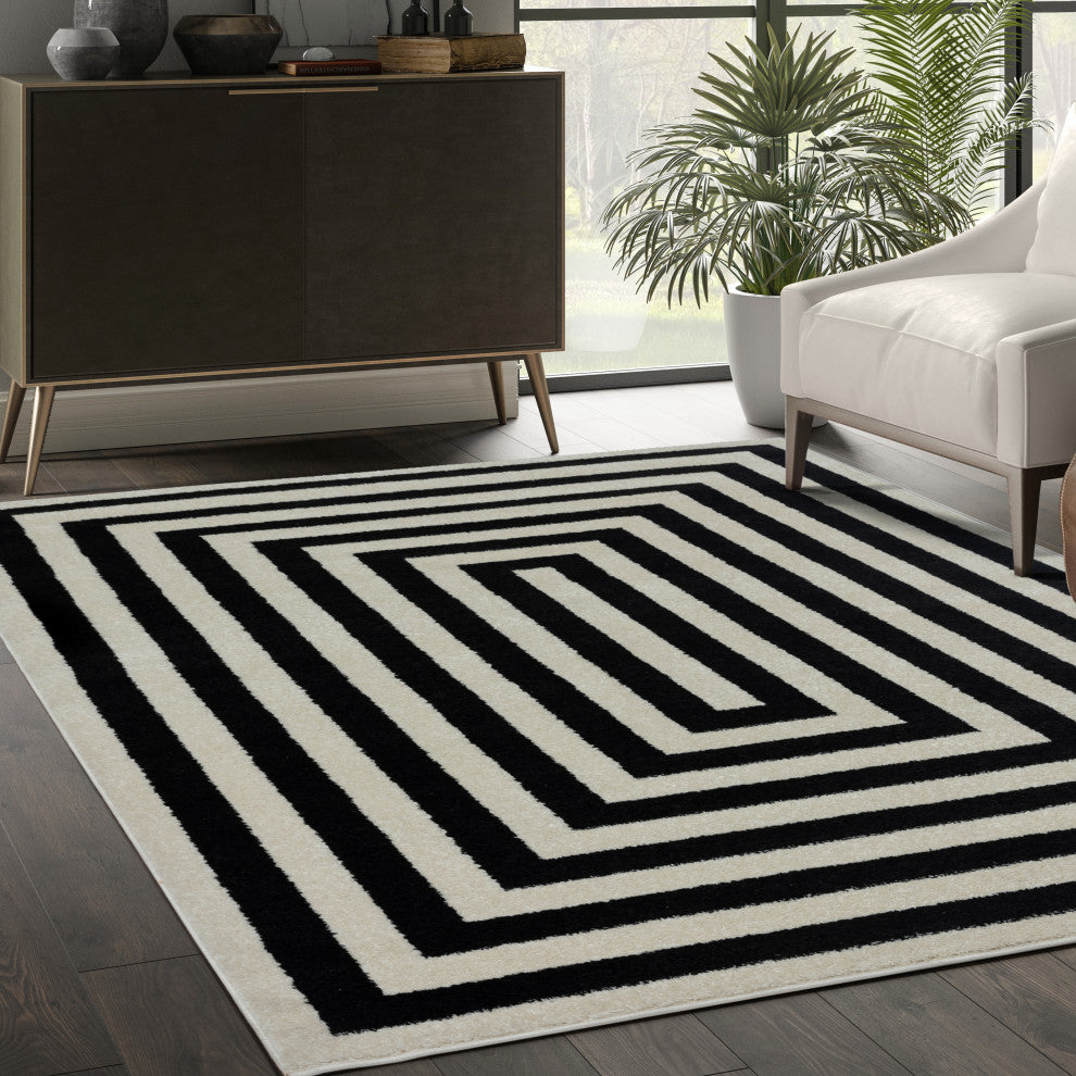 Abani Casa CAS120A Contemporary Black and Ivory Rectangular Area Rug, Ivory, 4'x