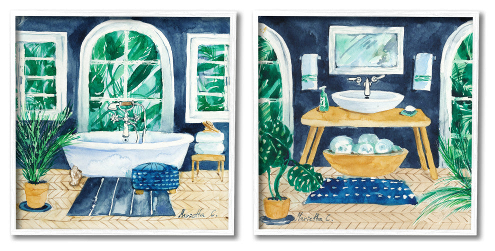 Bold Blue Bathroom Interior Still Life Sink Bathtub,24 x 24