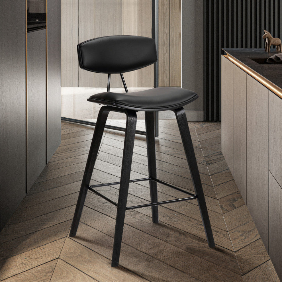 29" Black Faux Leather Mid Century Modern Bar Stool