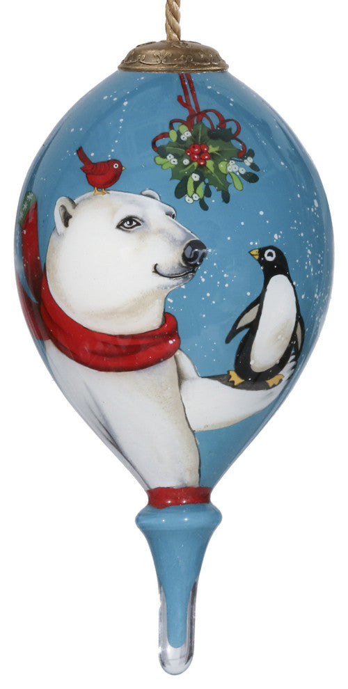 Snowy Polar Bear and Penguin Hand Painted Mouth Blown Glass Ornament