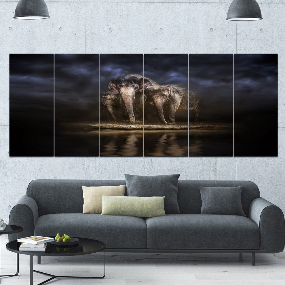 Elephants Watering in the River, Animal Canvas Wall Art, 70"x28", 6 Panels