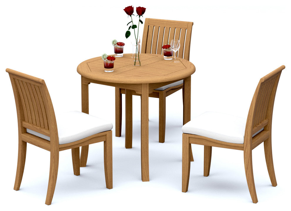4-Piece Outdoor Patio Teak Dining Set: 36" Round Table & 3 Lagos Armless Chairs