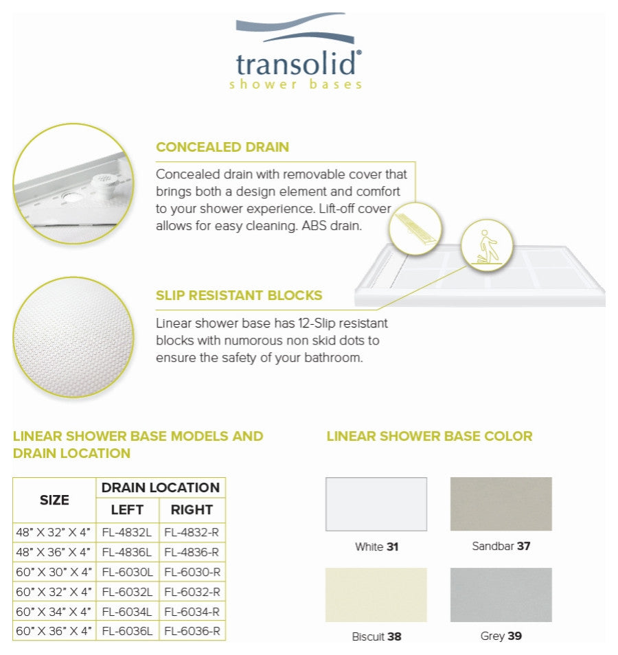 Transolid Linear 48"x32" Rectangular Alcove Shower Base with Left Hand Drain, Grey, Left Hand