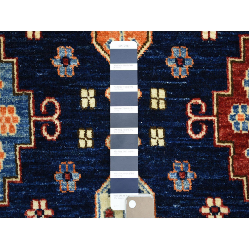 Blue Afghan Ersari With Large Elements Soft Wool Hand Knotted Rug, 9'2"x11'10"