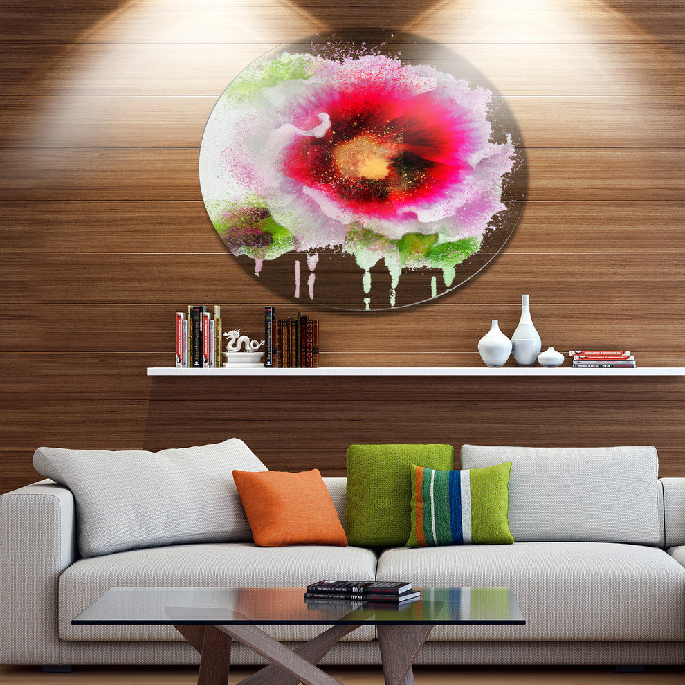 Poppy With Green Watercolor Splashes, Floral Disc Metal Artwork, 36"