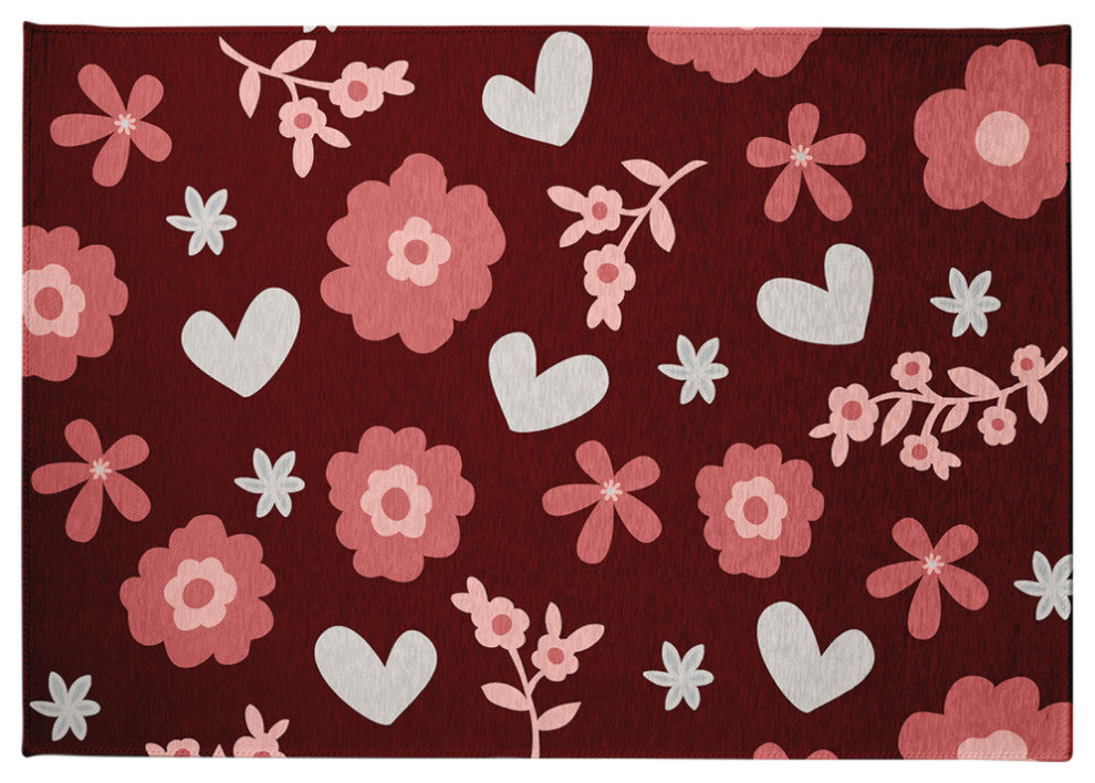 Flowery Love Valentines Chenille Rug, Red, 5'x7'