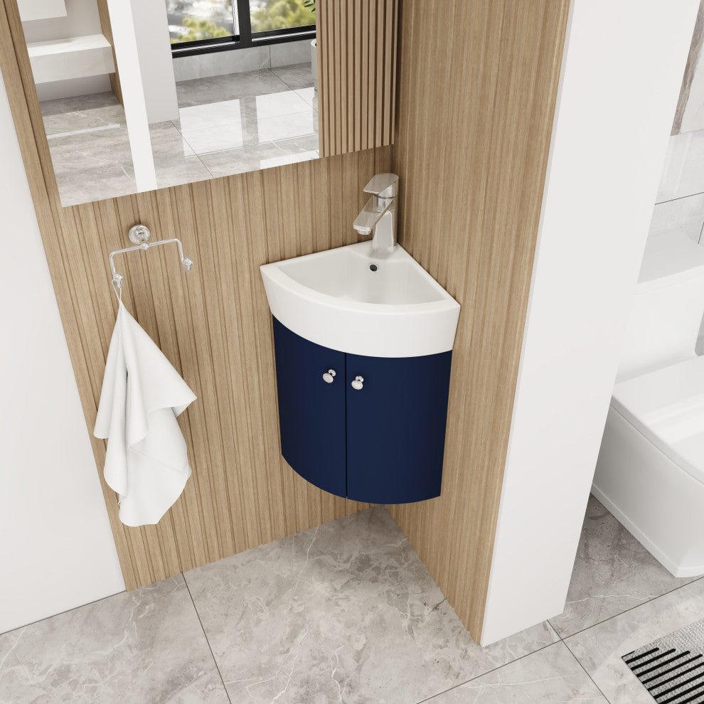 BNK Compact Double-Door Corner Bathroom Cabinet with Ceramic Basin