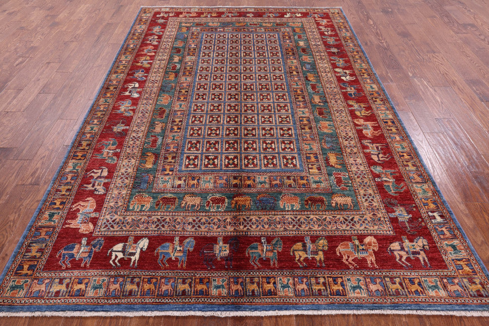 6' 8" X 9' 11" Handmade Antiqued Pazyryk Historical Design Wool Rug Q10706